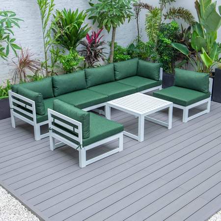 LEISUREMOD Chelsea 7-Piece Patio Sectional And Coffee Table Set White Aluminum With Green Cushions CSTW-7G